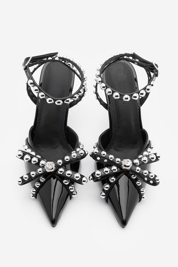 Marjin-Black Patent Leather Lerno - Stiletto Shoes with Trock and Stone Bow 1