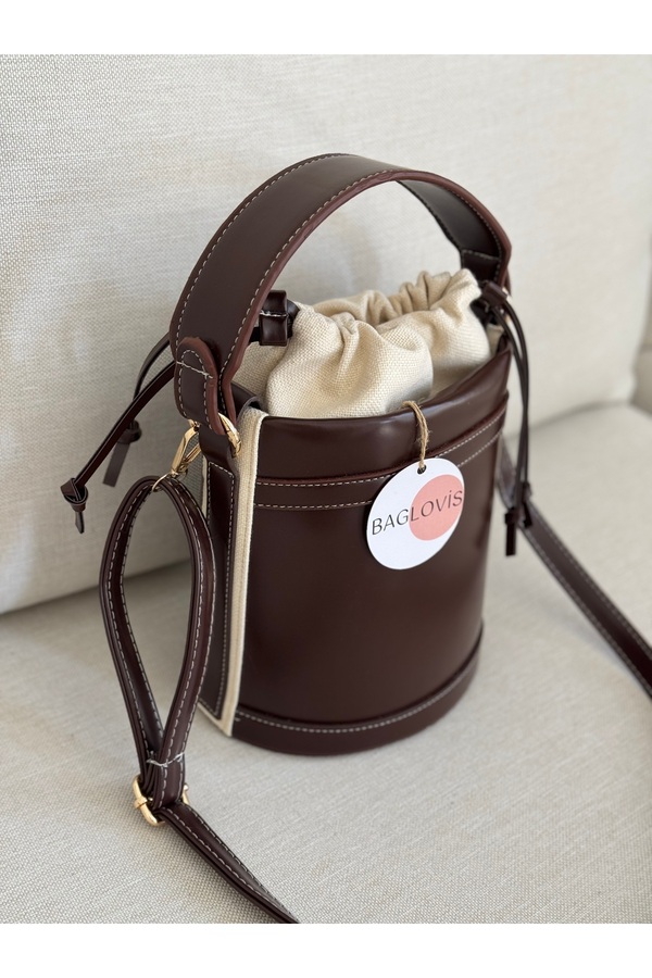 BAGLOVİS-Shirred Mouth Bucket Model Brown Color Women's Hand and Shoulder Bag En20 Uzn20 1