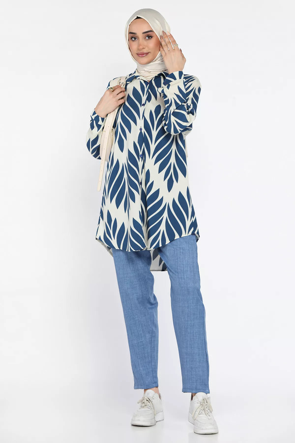 julude-Kremindigo Plus Size Patterned Tunic Trousers Hijab Double Set 1