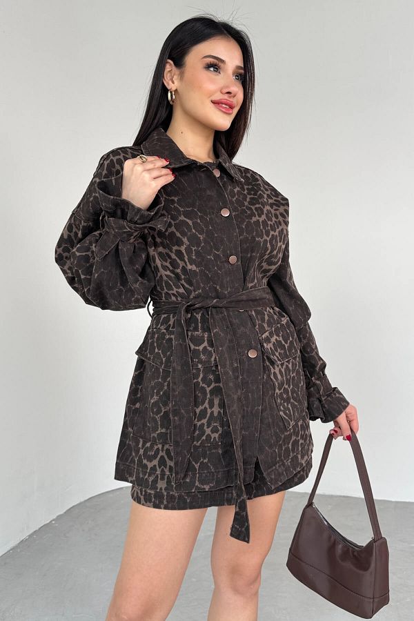 Cappmoda-Tkm-03706 Leopard Patterned Denim Jacket Mini Skirt with Pockets Double Set 1