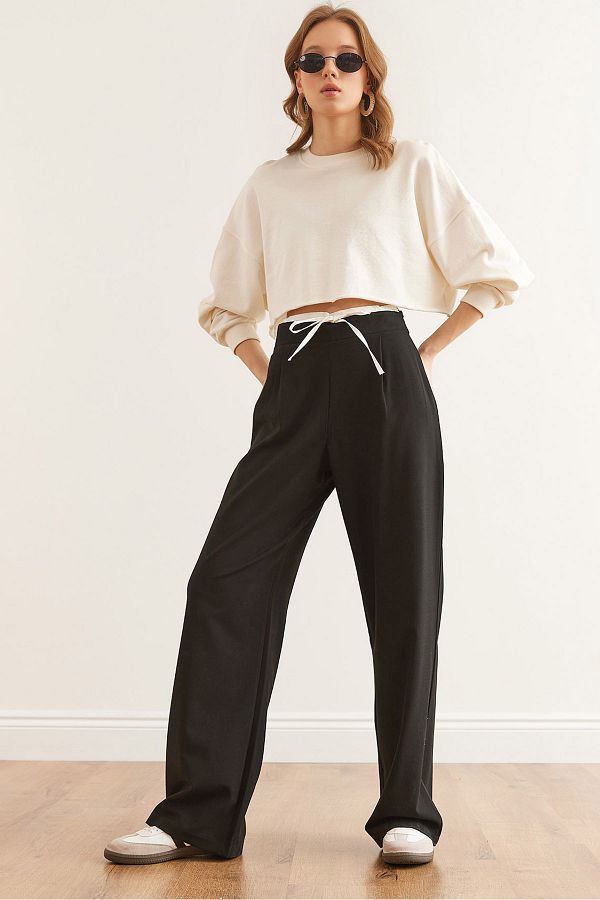 Olalook-Women's Black Boxer Detailed Drawstring Palazzo Pants Pnt- 19000315 1