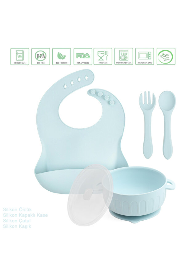 jojobebek Silikon Beslenme Seti Silikon Vakumlu Kapaklı Mama Kasesi , Silikon Önlük, Çatal ve Kaşık /Buzmavisi