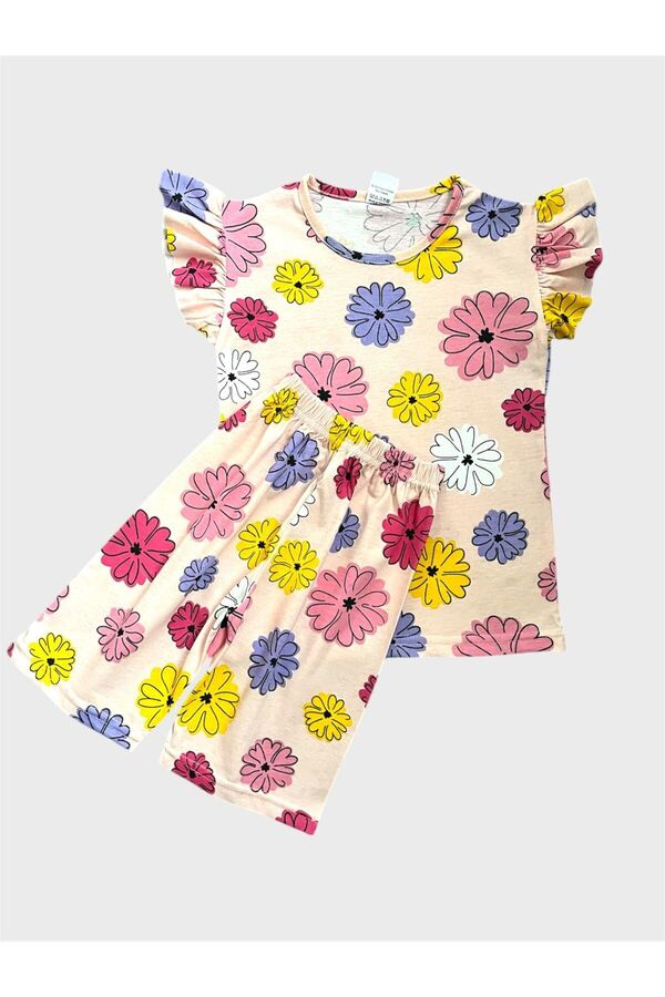 Genel Markalar Kız Çocuk Pamuklu Yavruağzı Renk Çiçek Desenli Kısa Kollu Yazlık Şortlu Pijama Takımı