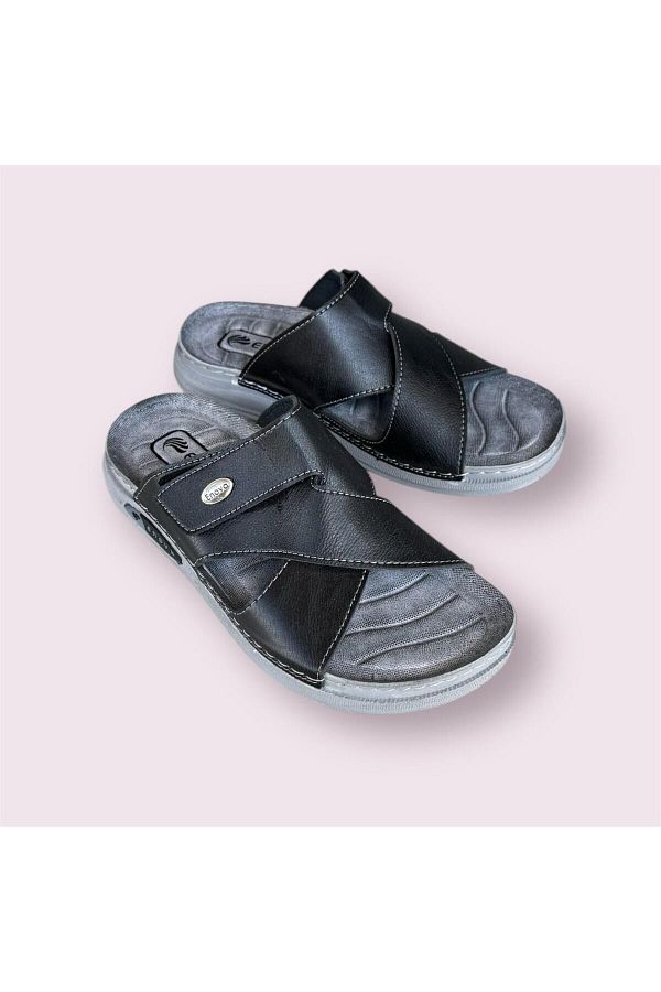 Enova-Men's Black Gray Orthopedic Soft Sole Stitched Daily Home Beach Slippers 1