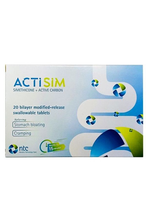 ntc-ACTISIM Simethicone + Active Carbon, 20 Swallowable Tablets, Relieving Stomach bloating & Cramping 1