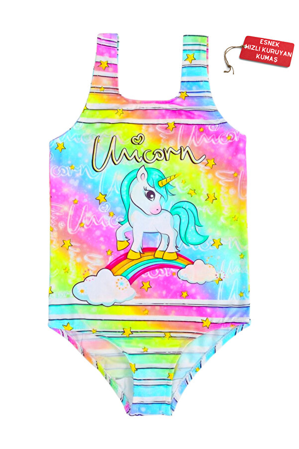 FırsatYeri Renkli Gökkuşağı Unicorn Desenli Kız Çocuk Mayo Rahat Hızlı Kuruyan Mayo Deniz Havuz Plaj Mayosu