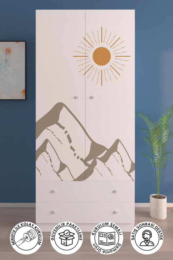 Hediyeler Kapında Çocuk Odası 2 Kapaklı Mountain Glow Gardırop 5 Raflı 2 Çekmeceli Askılı Elbise Dolabı