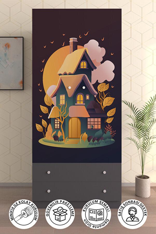 Hediyeler Kapında Çocuk Odası 2 Kapaklı Dream House Gardırop 5 Raflı 2 Çekmeceli Askılı Elbise Dolabı