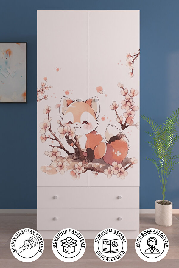 Hediyeler Kapında Çocuk Odası 2 Kapaklı Spring Fox Gardırop 5 Raflı 2 Çekmeceli Askılı Elbise Dolabı Beyaz