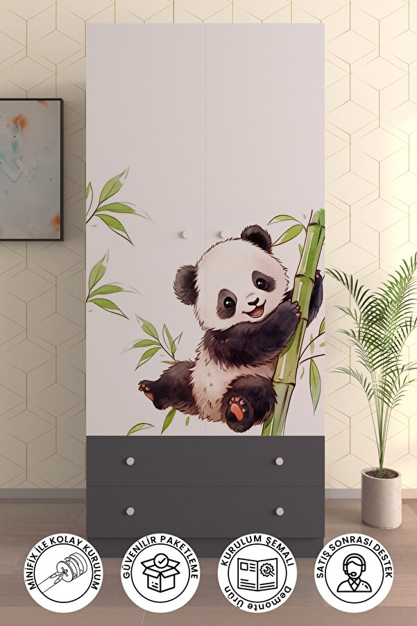 Hediyeler Kapında Çocuk Odası 2 Kapaklı Bamboo Gardırop 5 Raflı 2 Çekmeceli Askılı Elbise Dolabı
