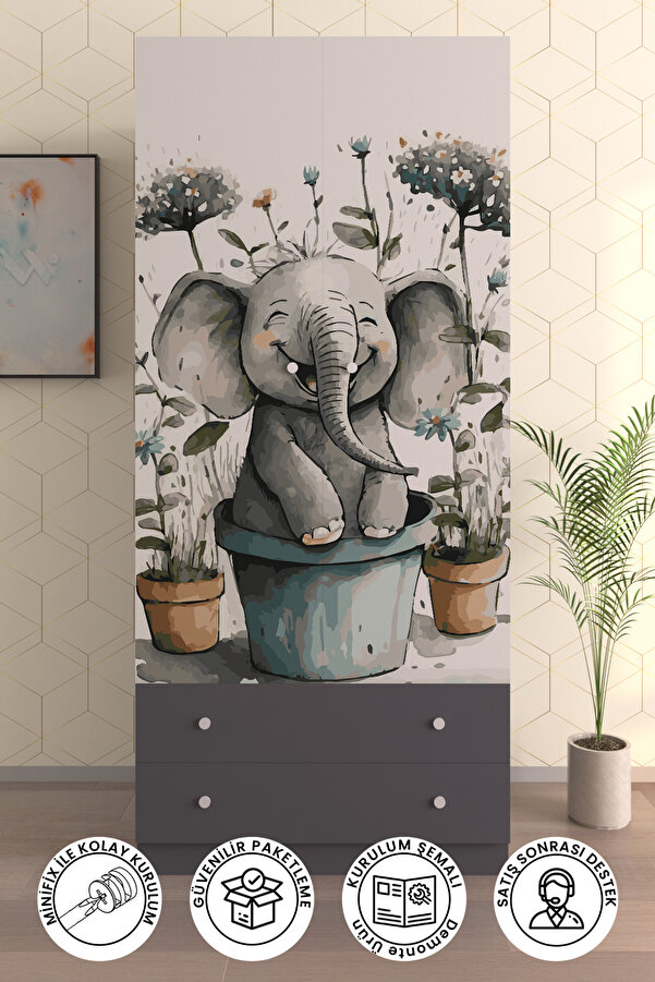 Hediyeler Kapında Çocuk Odası 2 Kapaklı Elephant Pot Gardırop 5 Raflı 2 Çekmeceli Askılı Elbise Dolabı