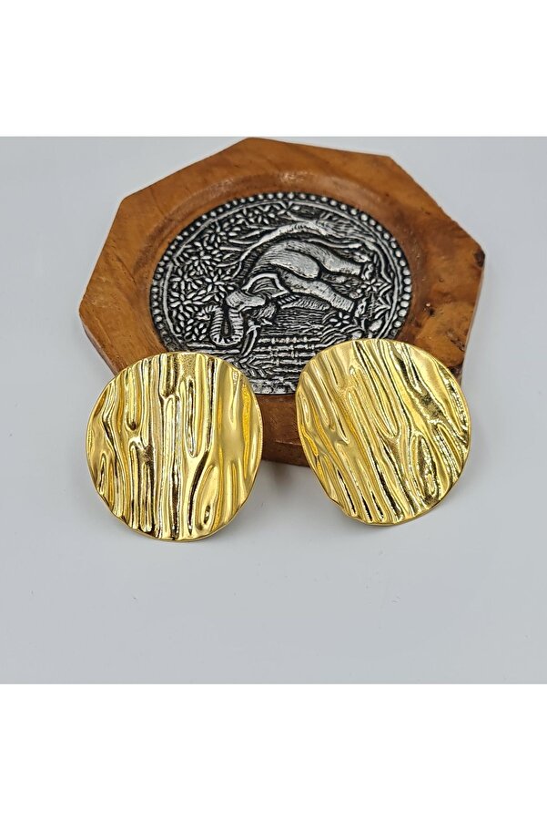 SE Jewellery Collection Selin Ersoy-Gold Textured Round Form Plate Nail Earrings 1