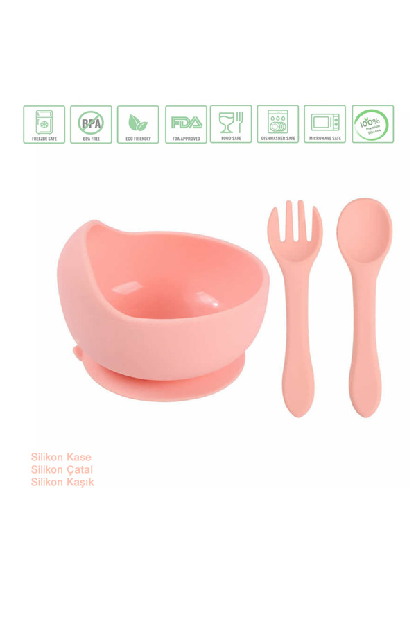 jojoturkiye Vakumlu Silikon Mama Kasesi, Altı Vakumlu Mama Kasesi, Silikon Kaşık Ve Çatal / Pembe
