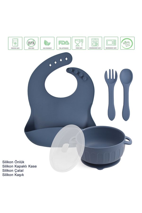 jojobebek-Silicone Feeding Set Silicone Vacuum Lid Baby Bowl, Apron, Fork-Spoon / Navy Blue 1
