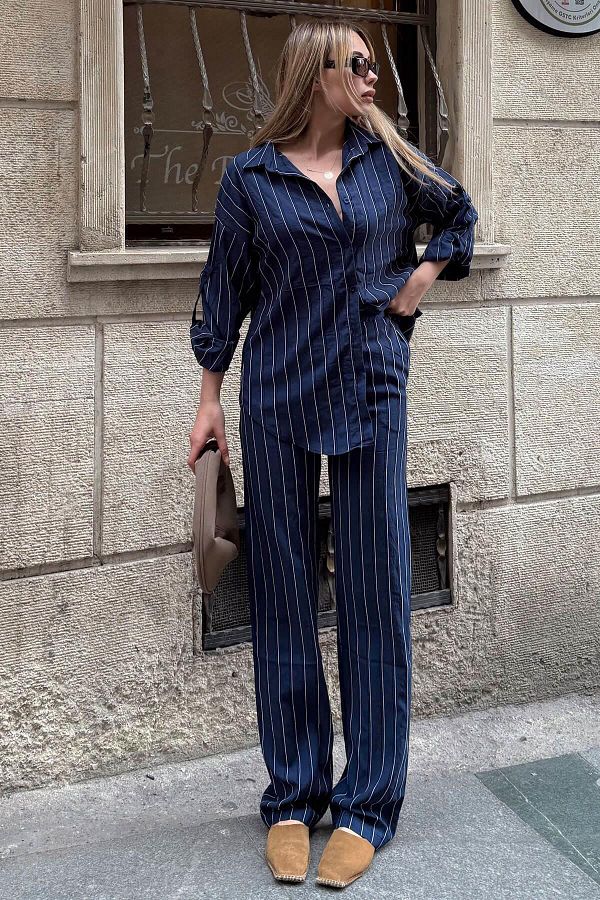 Swist-Set de pantaloni și cămăși cu dungi Blue Zeya pentru femei Modal 1
