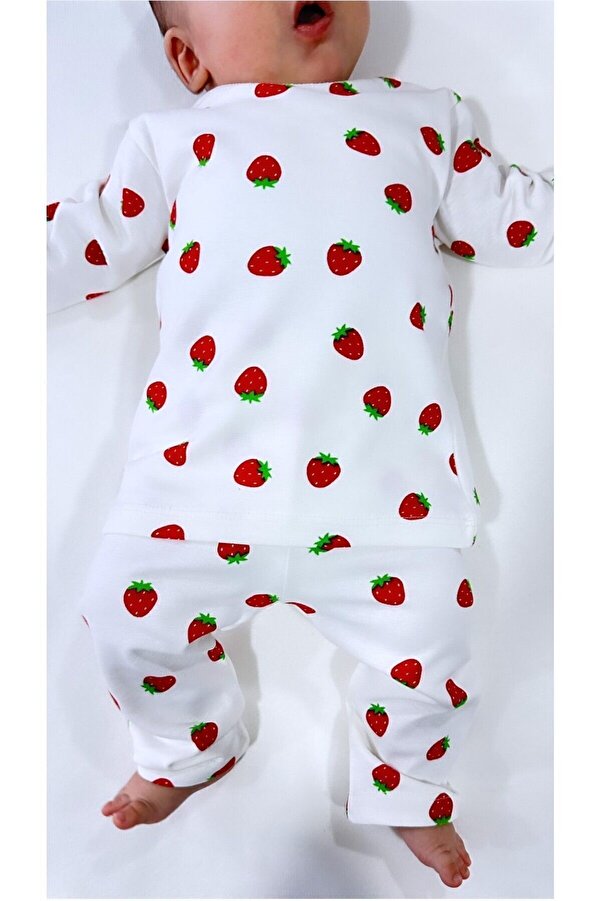 Drop Kids Bebek Pijama Takımı Uzun Çilek Desen %100 Pamuk Yenidoğan Çocuk Pijama
