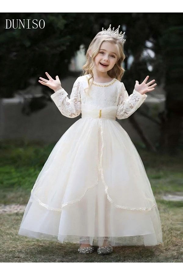 Generic-DUNISO Girls Dress Kids Evening Dress Long Sleeve Lace Party Dresses with Tutu Skirt 1