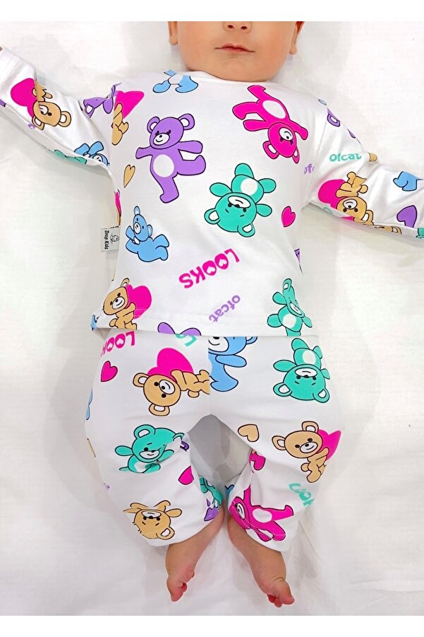 Drop Kids Bebek Pijama Takımı Renkli Ayıcık Desen %100 Pamuk Yenidoğan Çocuk Pijama