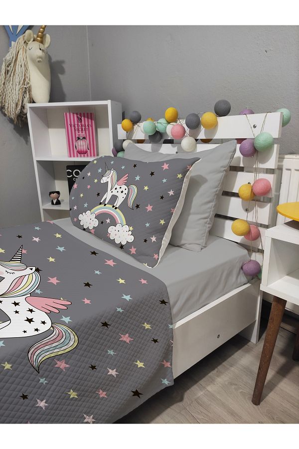 yok yok evim eve dair her şey-4 Piece Unicorn Patterned Single Pique Bedspread Set with Elastic Sheets 1