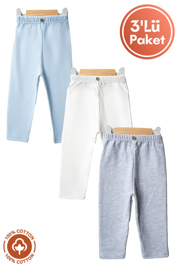 Miniel Unisex Bebek Düğme Detaylı Tayt Model %100 Organik Pamuklu Penye Bebek Pantolon Tek Alt 3Lü Set