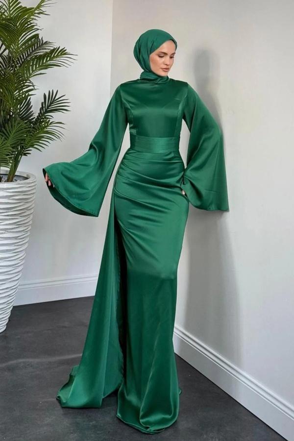Abiye Diyarı-Women's Cape Satin Fish Evening Dress-Grass Green 1