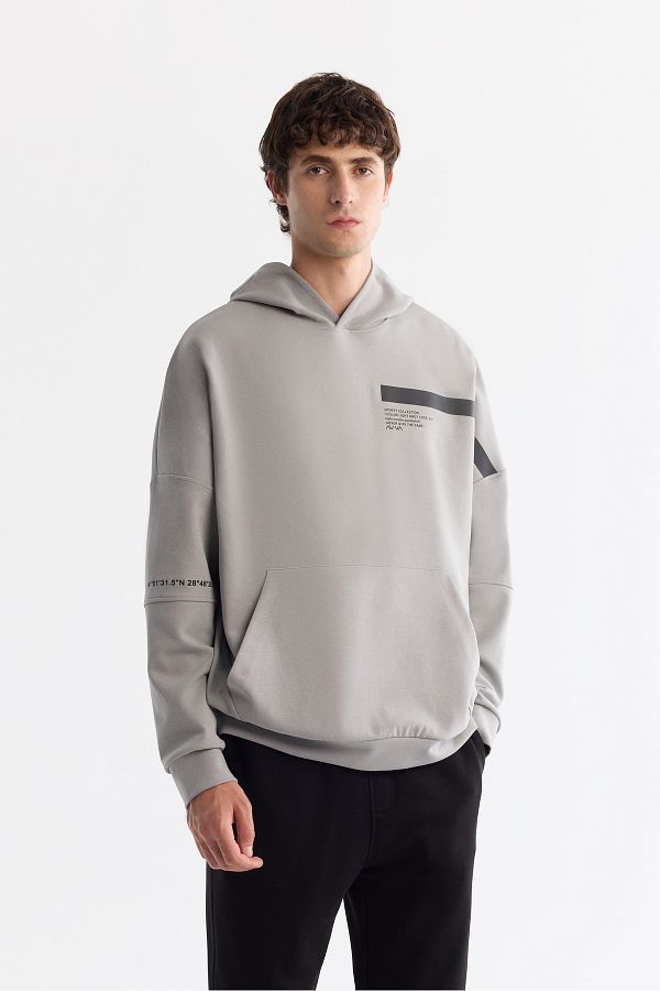 Avva-Men's Gray Hooded Cotton Printed Elastane Sweatshirt A42Y1289 1