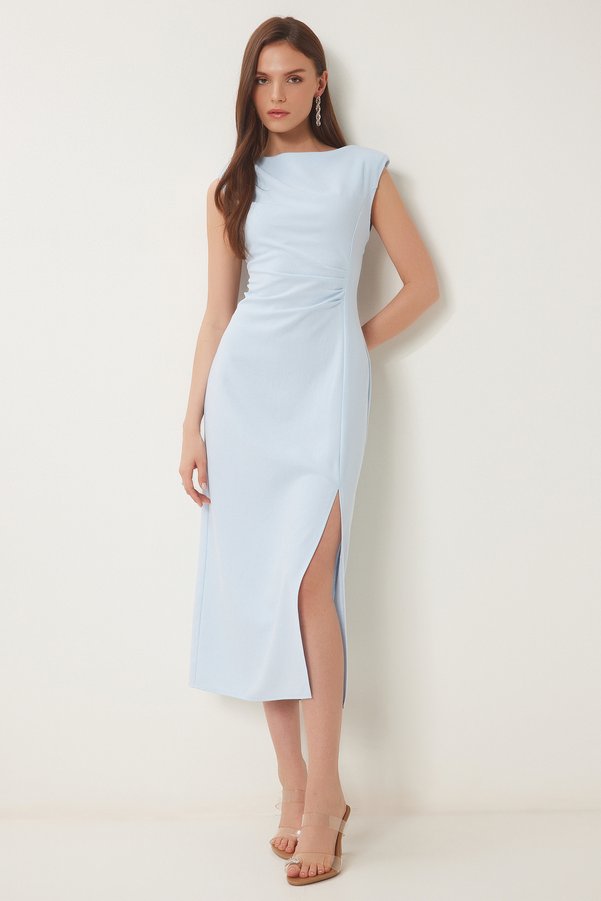 Happiness İstanbul Women's Sky Blue Padded Shoulders Draped Midi Woven Dress WF00101
