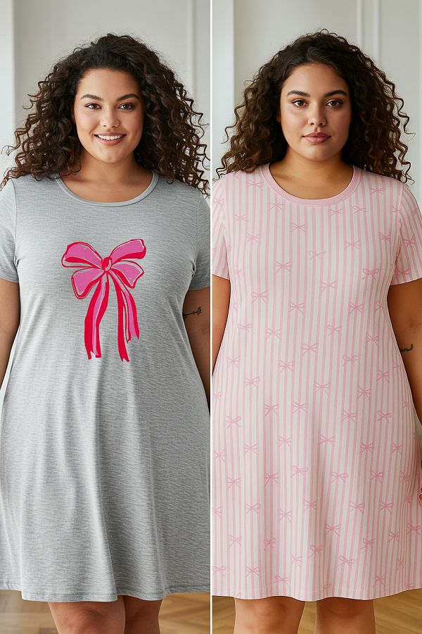 Trendyol Curve-2er-Pack grau-rosa gestrickte Nachthemden – Schleifen-/Bandmuster TBBSS25CH00008 1