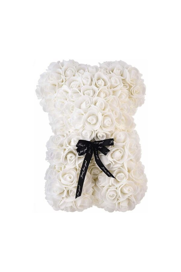 NEXTLY-Ursulet Din Trandafiri Din Spuma , Decorat Manual, 25cm, Cutie Transparenta Inclusa, Alb 1