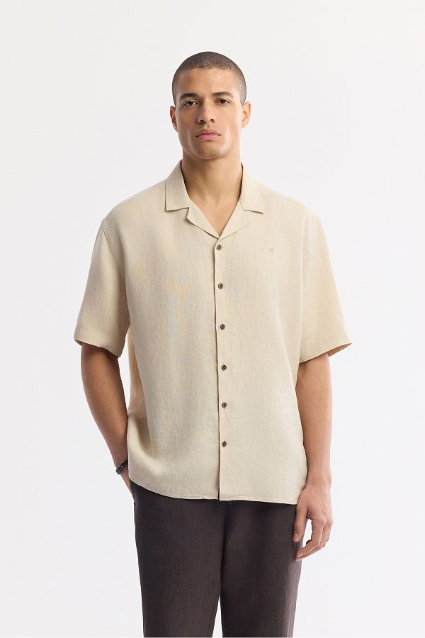 Avva-Ανδρικό μπεζ Oversize Fit Apaj γιακά 100% λινό κοντομάνικο πουκάμισο casual κοπής A51y2209 1