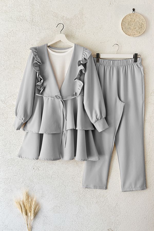 MODAQU-Frilly Rope Belted Tunic Trousers Set - Gray 1