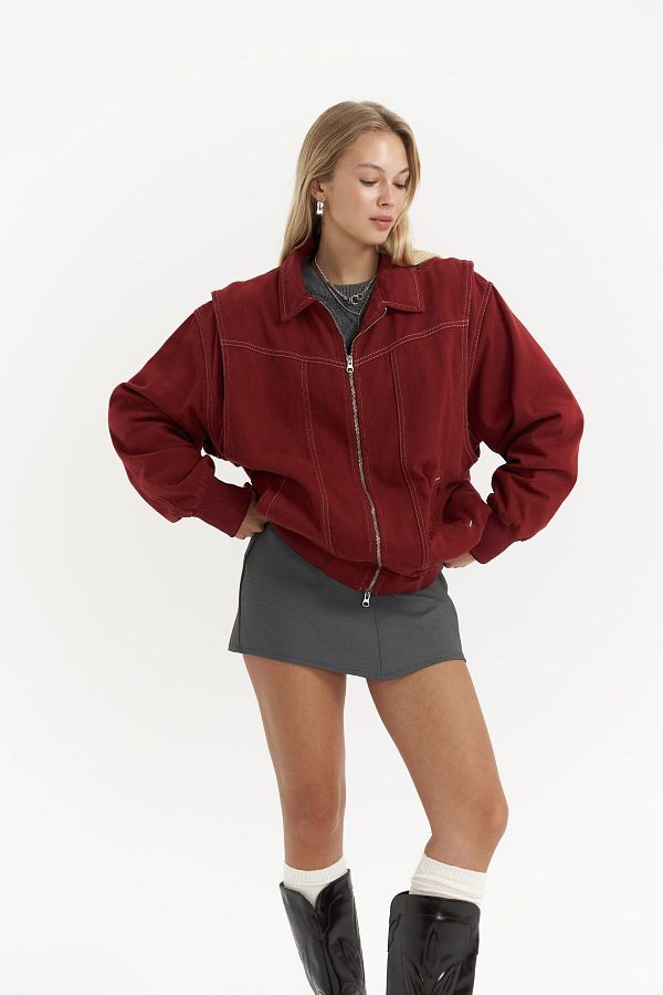MAİ COLLECTİON-Neus Burgundy Oversize Jean Jacket 1