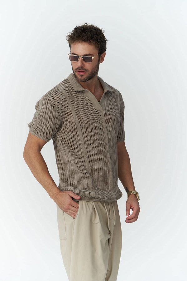 BOHEMAİ-Looke Men's Line Detail Mink Knitwear T-Shirt 1