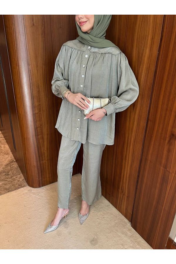 İnce Stil-Stone Detail Buttoned Tunic Set 1