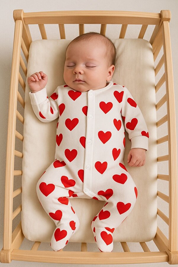 Minytrendy Kız Bebek Yenidoğan Tulum Kalp Desenli Esnek Çıtçıtlı Tulum Hastane Çıkışı Bebek