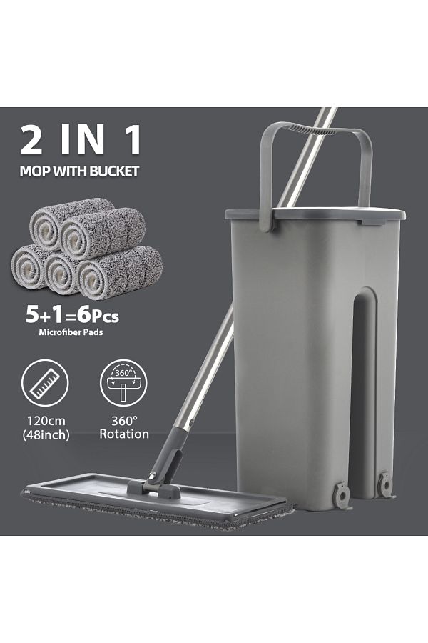 Choice-Sdarisb Grey Hand Free Flat Floor Mop And Bucket Set With 6 Washable Microfiber Pads Clean Tools 1