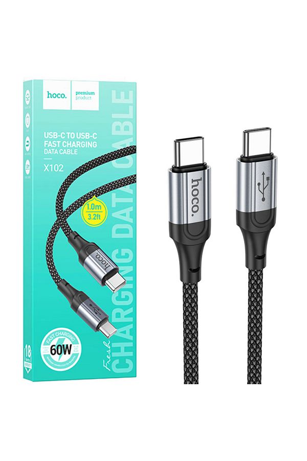 REDz Accessories-Cablu Hoco X102, Tip-C la Tip-C, 1m, Pentru iPhone 15/16 și Android, 60W, Transfer de date, Negru 1