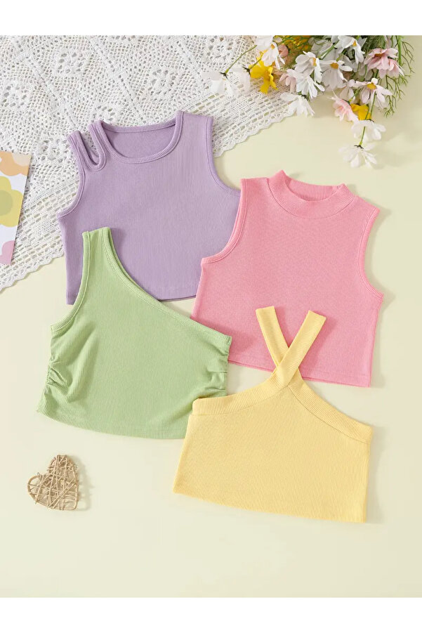 Machetta Kız Çocuk Yaka Detaylı Askılı Crop T-shirt Karışık 4'lü Set