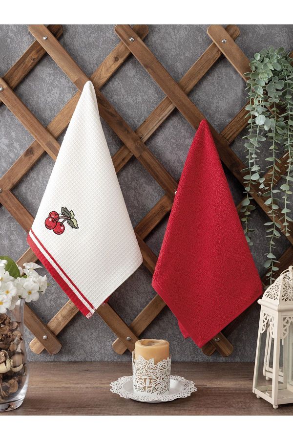 Sevim-Red Cherry Embroidered 2-piece Kitchen Towel Set 1