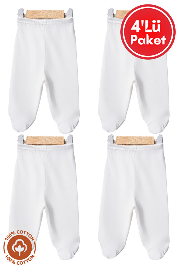 Miniel Unisex Bebek Penye Organik Pamuklu 0-6 Ay Patikli Bebek Tek Alt 4'lü Set - Ekru