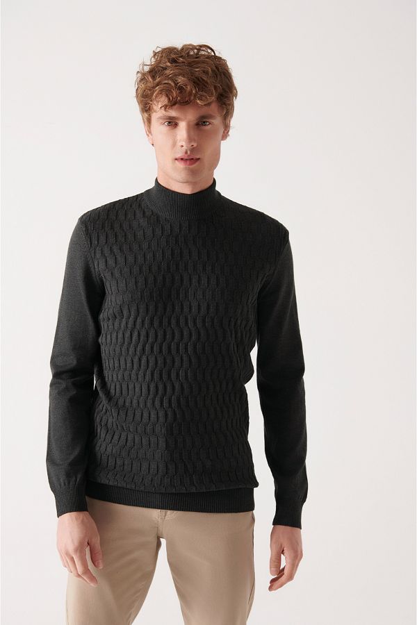 Avva-Men's Anthracite Half Turtleneck Cotton Knitwear Sweater E 005106 1