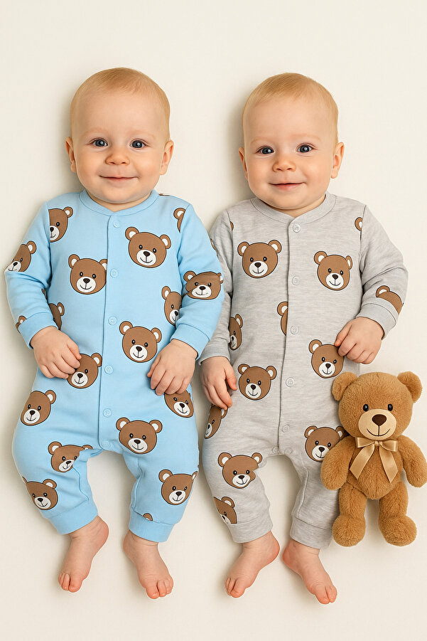 VERONA TARZ Erkek Bebek Ayıcık Desenli 2li Tulum Takımı Yenidoğan Kıyafeti