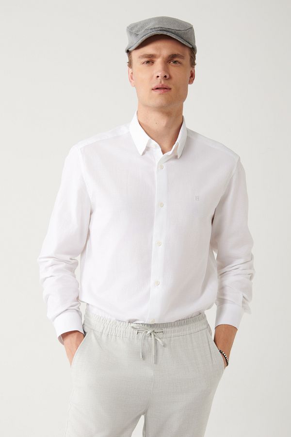 Avva-Men's White 100% Cotton Jacquard Patterned Shirt A32Y2175 1