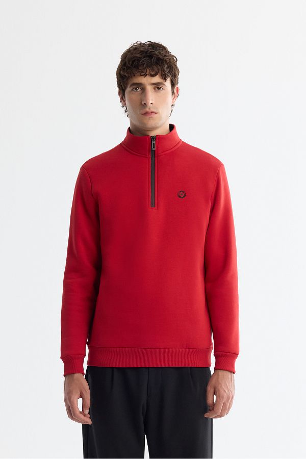 Avva-Men's Red Stand Collar Zippered 3 Thread Raised Sweatshirt E 001020 1