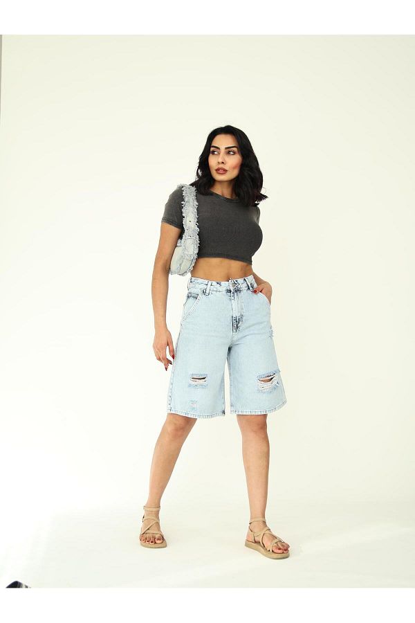 Zeo Basic-Ice Wash Ripped Denim Shorts 1