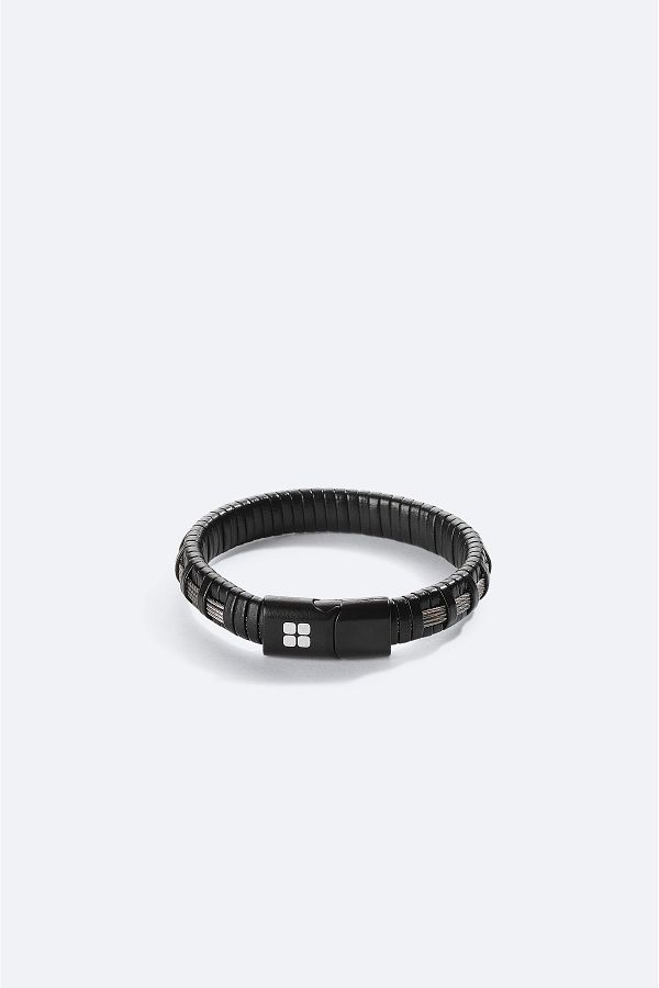 Avva-Black Hematite Leather Men's Bracelet - A41Y9613 1