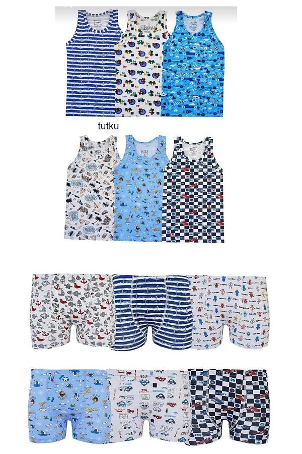 Pardon-Boys' Set 6 Pieces Patterned Undershirt and 6 Pieces Patterned Printed Boxers 1