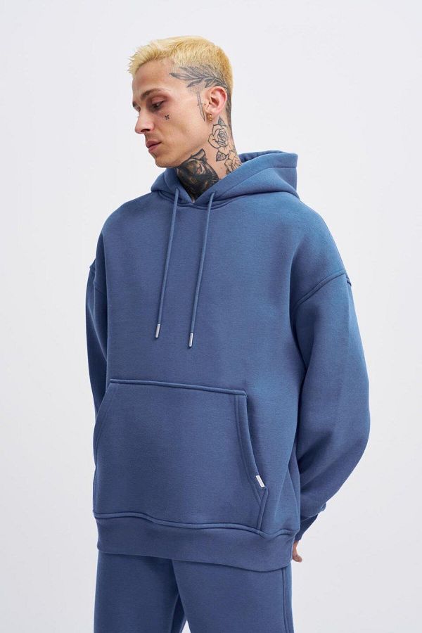 Machinist-Men's Oversize Basic Hooded Morning Blue Sweatshirt 1