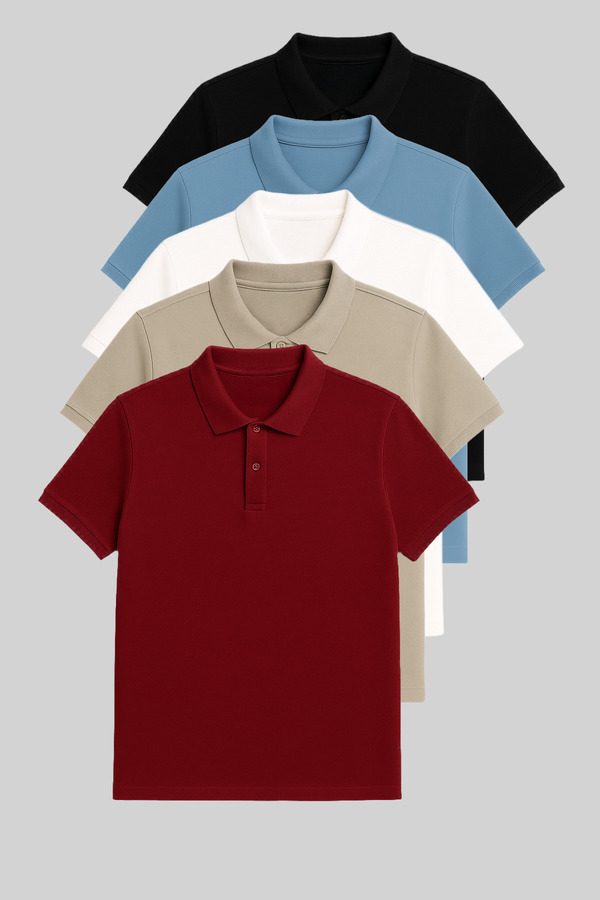 COMBİNE MİCHAİL-Men's T-Shirt 5-Pack Polo Neck - Black-Baby Blue-White-Grey-Claret Red 1