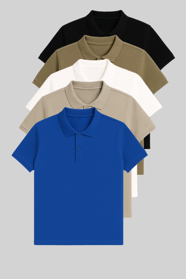 COMBİNE MİCHAİL-Men's 5-Pack Polo Neck T-Shirt 100% Cotton Anti-Sweat Summer Black-Khaki-White-Grey-Turquoise 1